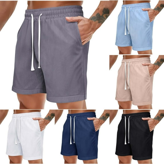 Akafmk Mens Linen Shorts Solid Color Casual Fashion Loose Lace Up Beach 5" Sport Shorts Pants XXL