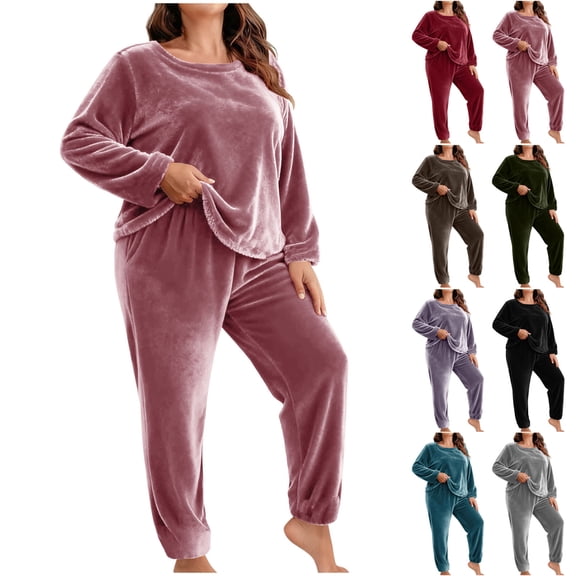 Akafmk Plus Size Fleece Pajama Sets for Women 2 Piece Long Sleeve Loungewear Set Winter Thick Warm Tops and Sleepwear Pants Sets M