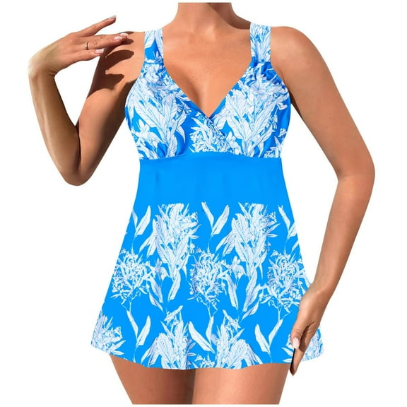Akafmk Plus Size Tankini Swimsuits for Women Loose Fitting Floral Printed Swim Dress with Swim Brief Two Piece Bathing Suits Comfortable Athletic Swimwear, Sizes S-5XL