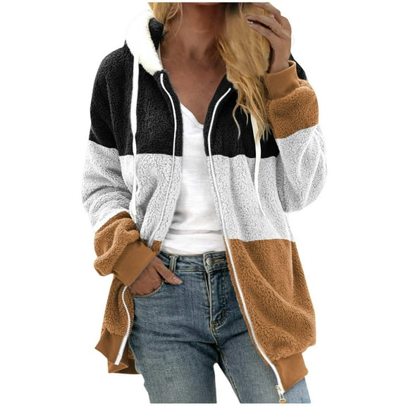 Akafmk Plus Size Womens Fleece Jackets,Womens Winter Warm Coats,Fashion Women's Zipper V-Neck Pullover Long Sleeve Hooded Blouse Sweatshirt Loose Plushs Jacket Coat