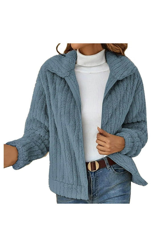 Plus Size Womens Fleece Jackets,Womens Winter Warm Coats,Women's Spring and Winter Striped Cardigan Short Coat Loose Plushs Jacket Coat