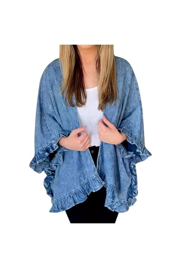 Plus Size Womens Jean Jackets,Oversized Denim Jackets,Ladies' Spring Fashion Ruffle Versatile Mid Sleeved Cardigan Jacket Long Sleeved Hooded Casual Jacket Loose Fitting Cardigan Denim Coat