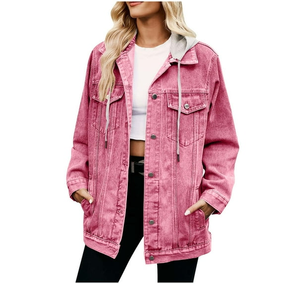 Akafmk Plus Size Womens Jean Jackets,Oversized Denim Jackets,Women's Fashionable Solid Color Lapel Long Sleeved Hooded Denim Jacket Top Loose Fitting Cardigan Denim Coat