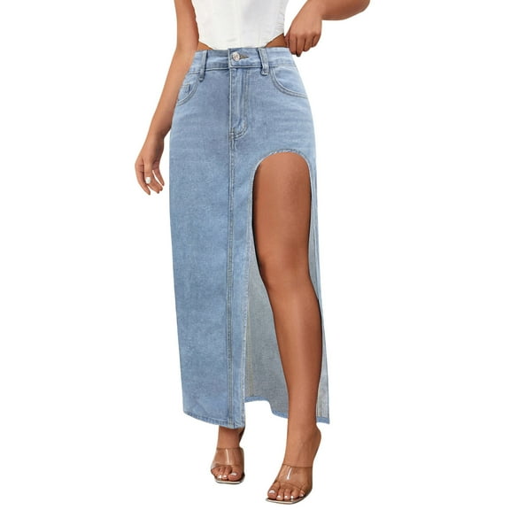 Akafmk Plus Size Womens Jean Skirts,Womens Denim Skirts,Solid Color High Waisted Pencil Skirts Slim Fittness Hip Bodycon Skirt Cocktail Party Long Skirts