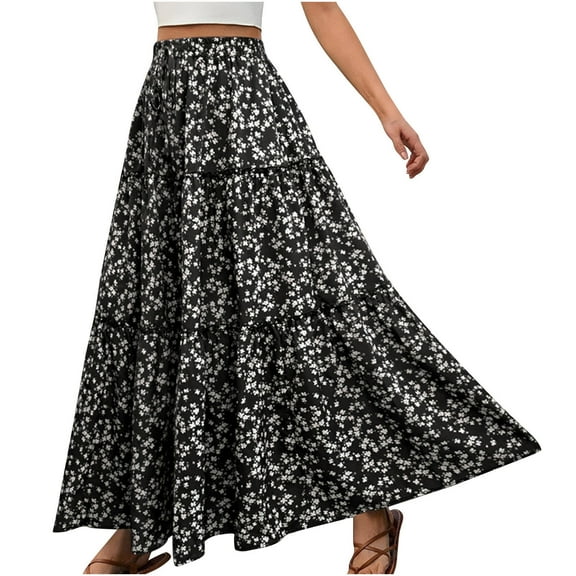 Akafmk Plus Size Womens Skirts,Long Skirts for Women Maxi Boho Skirt,Floral Print Elastic High Waist Tiered Skirts Loose Fitting Vacation Beach Long Skirts