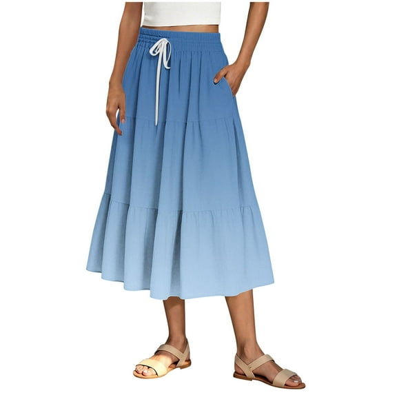 Akafmk Plus Size Womens Skirts,Long Skirts for Women Maxi Boho Skirt,Solid Color High Waisted Drawstring Ruffle Skirts Loose Fitting Vacation Beach Long Skirts