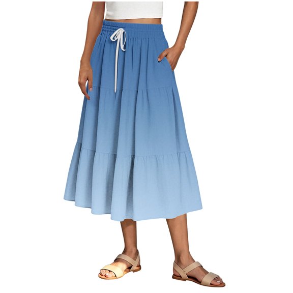 Akafmk Plus Size Womens Skirts,Long Skirts for Women Maxi Boho Skirt,Solid Color High Waisted Drawstring Ruffle Skirts Loose Fitting Vacation Beach Long Skirts