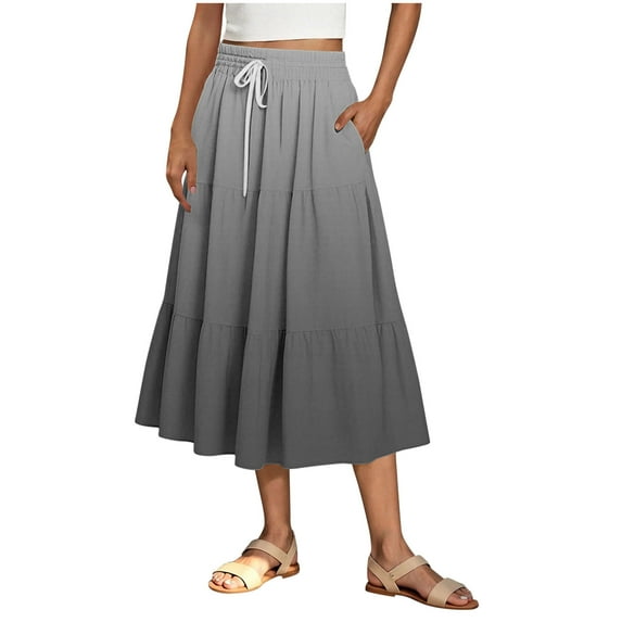 Akafmk Plus Size Womens Skirts,Long Skirts for Women Maxi Boho Skirt,Solid Color High Waisted Drawstring Ruffle Skirts Loose Fitting Vacation Beach Long Skirts