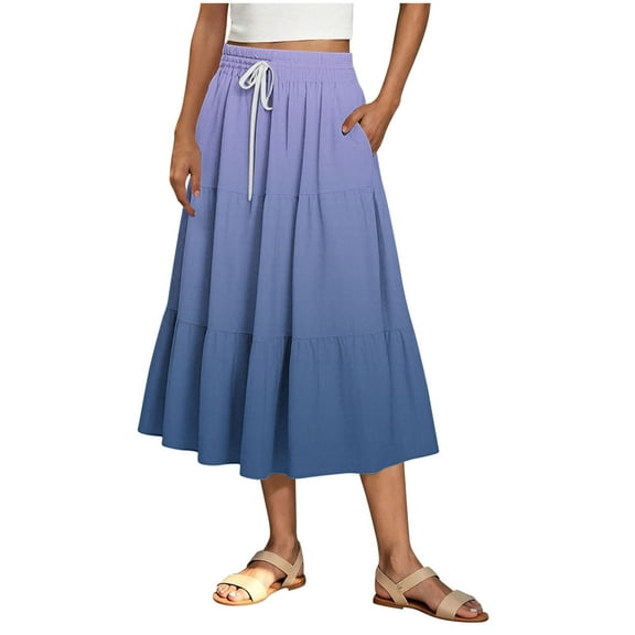 Akafmk Plus Size Womens Skirts,Long Skirts for Women Maxi Boho Skirt,Solid Color High Waisted Drawstring Ruffle Skirts Loose Fitting Vacation Beach Long Skirts