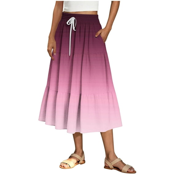 Akafmk Plus Size Womens Skirts,Long Skirts for Women Maxi Boho Skirt,Solid Color High Waisted Drawstring Ruffle Skirts Loose Fitting Vacation Beach Long Skirts