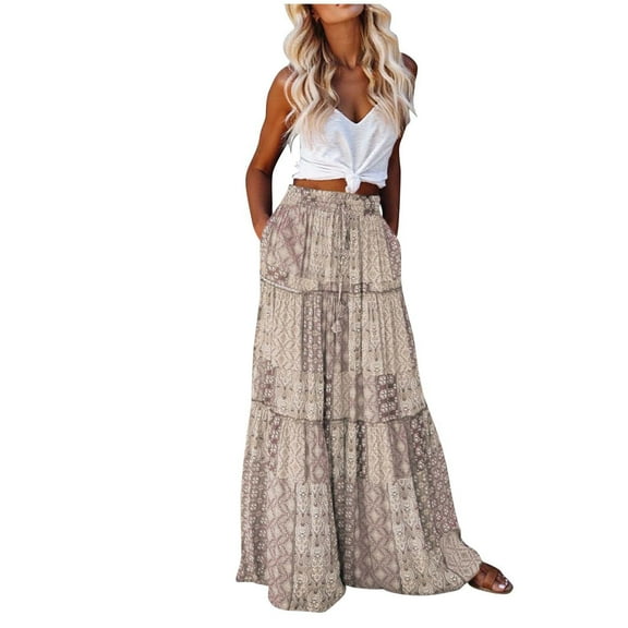 Akafmk Plus Size Womens Skirts,Long Skirts for Women Maxi Boho Skirt,Floral Print High Waisted Tiered Skirts Loose Fitting Vacation Beach Long Skirts