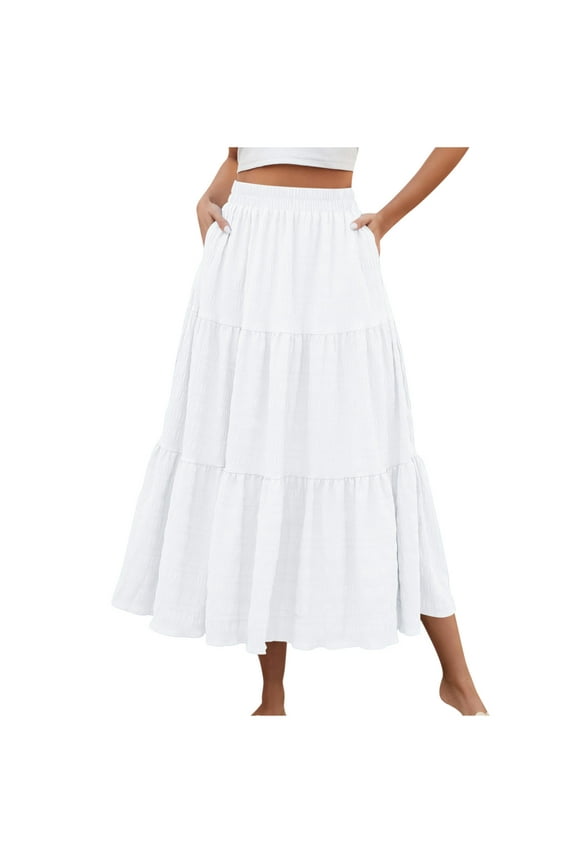 Plus Size Womens Skirts,Long Skirts for Women Maxi Boho Skirt,Solid Color High Waisted Tiered Skirts Loose Fitting Vacation Beach Long Skirts
