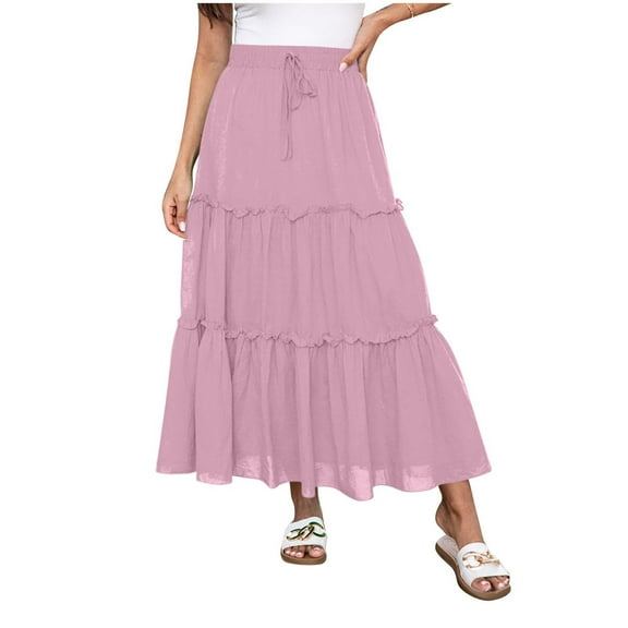 Akafmk Plus Size Womens Skirts,Long Skirts for Women Maxi Boho Skirt,Solid Color High Waisted Tiered Skirts Loose Fitting Vacation Beach Long Skirts