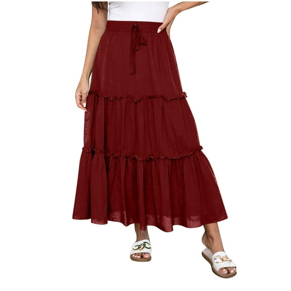 Akafmk Plus Size Womens Skirts,Long Skirts for Women Maxi Boho Skirt,Solid Color High Waisted Tiered Skirts Loose Fitting Vacation Beach Long Skirts