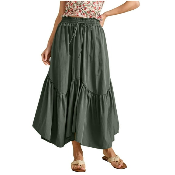 Akafmk Plus Size Womens Skirts,Long Skirts for Women Maxi Boho Skirt,Solid Color High Waisted Tiered Skirts Loose Fitting Vacation Beach Long Skirts