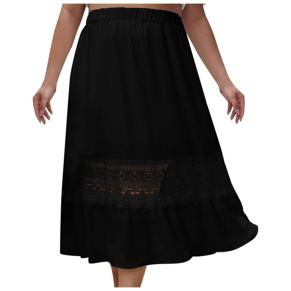Akafmk Plus Size Womens Skirts,Summer Womens Casual Skirts,Solid Color Elastic High Waist Pleated Skirts Loose Fitting Vacation Beach Long Skirts