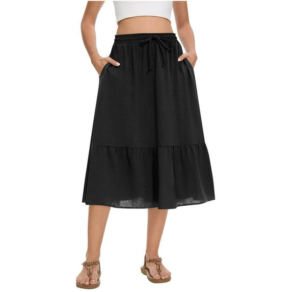 Akafmk Plus Size Womens Skirts,Summer Womens Casual Skirts,Solid Color High Waisted Drawstring A-Line Skirts Loose Fitting Vacation Beach Knee Length Skirts