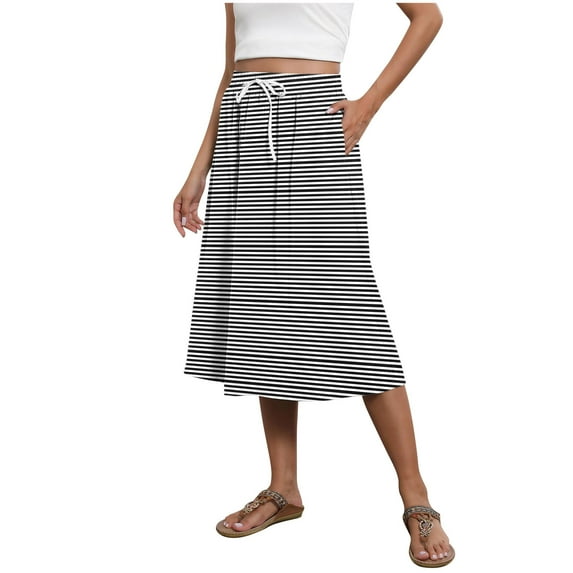 Akafmk Plus Size Womens Skirts,Summer Womens Casual Skirts,Stripe Color High Waisted Drawstring A-Line Skirts Loose Fitting Vacation Beach Knee Length Skirts