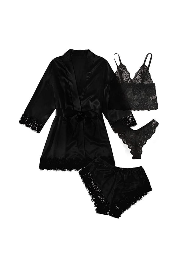 Silk Robes for Women Plus Size,Women Silk Satin Pajamas Set 4pcs,Women Cute Heart Print Satin Belted Robe Camisole Shorts Pajamas