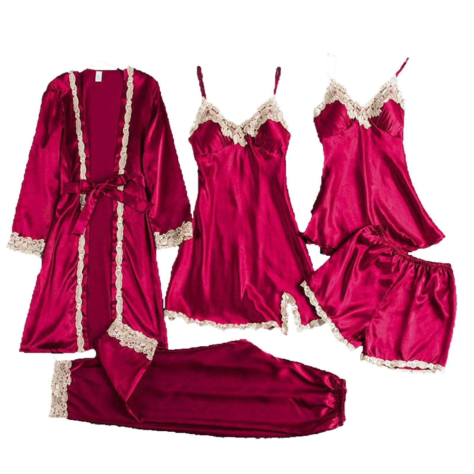 Akafmk Silk Robes for Women Plus Size,Women Silk Satin Pajamas Set 5pcs ...