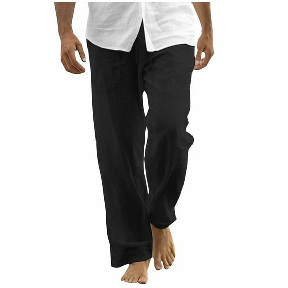 Akafmk Summer Men's Cotton Linen Pants Casual Lightweight Wide-Leg Pants Loose Fitting Solid Color Elastic Waist Yoga Beach Trousers Pants Black 3XL