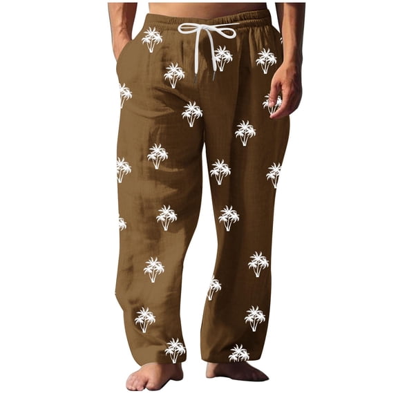 Akafmk Summer Men's Cotton Linen Pants Casual Lightweight Wide-Leg Pants Loose Fitting Solid Color Elastic Waist Yoga Beach Trousers Pants Brown M