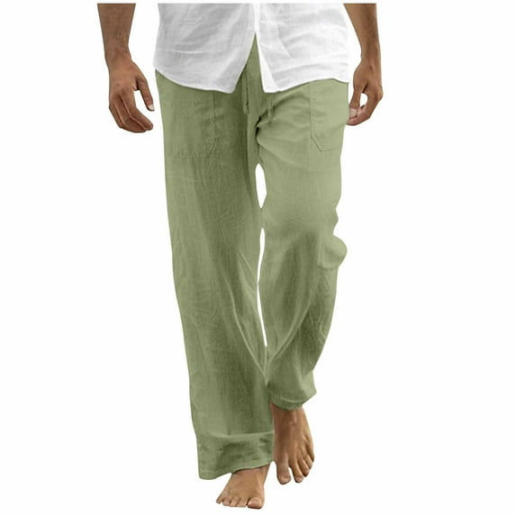 Akafmk Summer Men's Cotton Linen Pants Casual Lightweight Wide-Leg Pants Loose Fitting Solid Color Elastic Waist Yoga Beach Trousers Pants Green XL