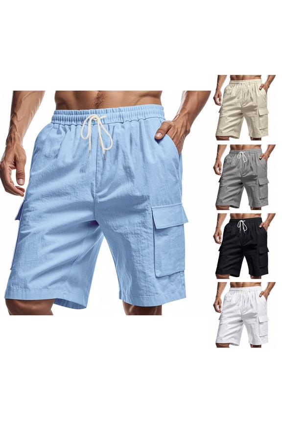 Summer Mens Shorts Cotton Linen Casual Solid Color Shorts Loose Fitting Lightweight Elastic Waist Beach Shorts, Sizes S-3XL
