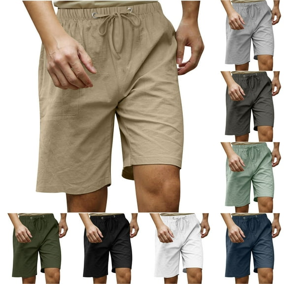 Akafmk Summer Mens Shorts Cotton Linen Casual Solid Color Shorts Loose Fitting Lightweight Elastic Waist Beach Shorts, Sizes S-5XL