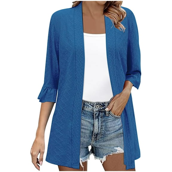 Akafmk Summer Plus Size Cardigans for Women,Lightweight Open-Front Cardigan,Ladies' Spring and Summer Casual Solid Color 3/4 Sleeve Quarter Sleeve Front Cardigan Loose Cover Up Jackets Tops