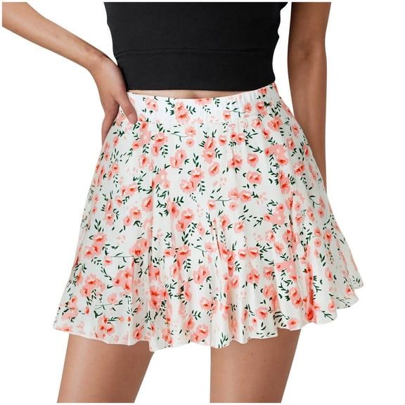 Akafmk Summer Womens Casual Skirts,Womens Flowy Tiered Ruffled Floral Skirt,Floral Print High Waisted Ruffle Skirts Loose Fitting Vacation Beach Mini Skirts