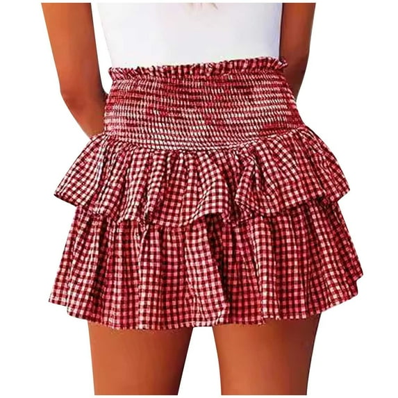 Akafmk Summer Womens Casual Skirts,Womens Flowy Tiered Ruffled Floral Skirt,Plaid Color High Waisted Ruffle Skirts Loose Fitting Vacation Beach Mini Skirts