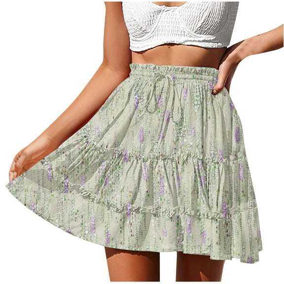 Akafmk Summer Womens Casual Skirts,Womens Flowy Tiered Ruffled Floral Skirt,Solid Color Elastic High Waist Ruffle Skirts Loose Fitting Vacation Beach Mini Skirts