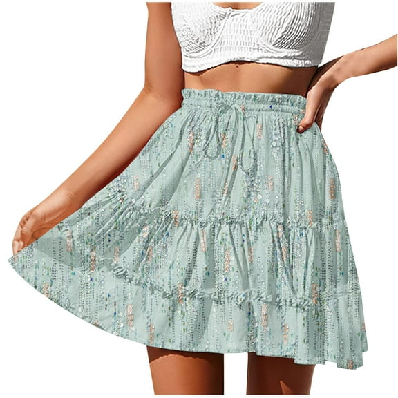 Akafmk Summer Womens Casual Skirts,Womens Flowy Tiered Ruffled Floral Skirt,Solid Color Elastic High Waist Ruffle Skirts Loose Fitting Vacation Beach Mini Skirts