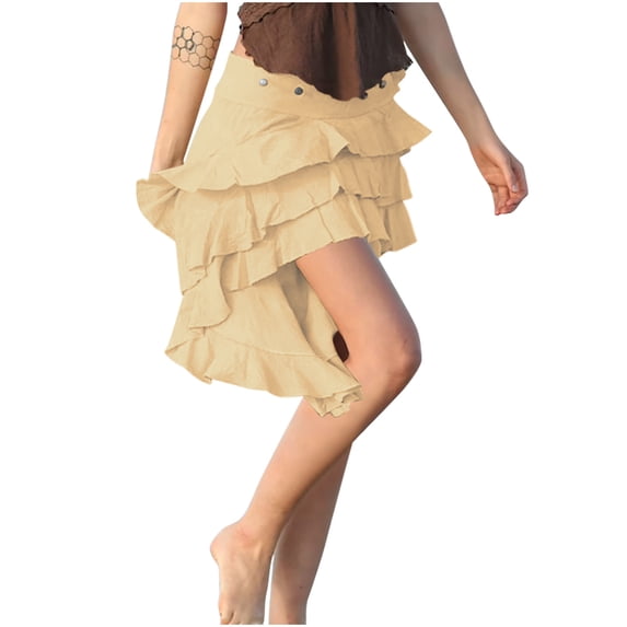 Akafmk Summer Womens Casual Skirts,Womens Flowy Tiered Ruffled Floral Skirt,Solid Color Elastic High Waist Ruffle Skirts Loose Fitting Vacation Beach Knee Length Skirts