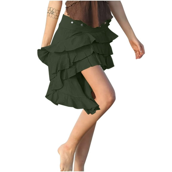 Akafmk Summer Womens Casual Skirts,Womens Flowy Tiered Ruffled Floral Skirt,Solid Color Elastic High Waist Ruffle Skirts Loose Fitting Vacation Beach Knee Length Skirts