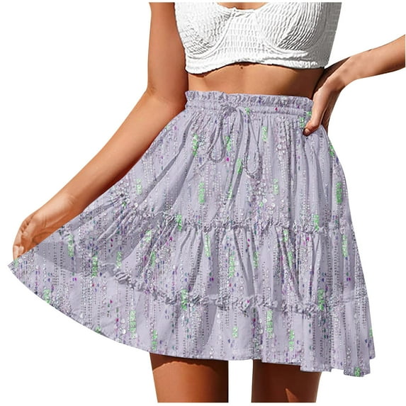 Akafmk Summer Womens Casual Skirts,Womens Flowy Tiered Ruffled Floral Skirt,Solid Color Elastic High Waist Ruffle Skirts Loose Fitting Vacation Beach Mini Skirts