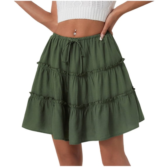 Akafmk Summer Womens Casual Skirts,Womens Flowy Tiered Ruffled Floral Skirt,Solid Color High Waisted Tiered Skirts Loose Fitting Vacation Beach Mini Skirts