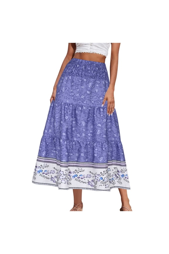 Summer Womens Skirts,Maxi Skirts for Women Boho Vacation Flowy Skirts,Floral Print Elastic High Waist Tiered Skirts Loose Fitting Vacation Beach Long Skirts