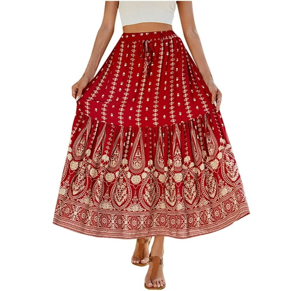 Akafmk Summer Womens Skirts,Maxi Skirts for Women Boho Vacation Flowy Skirts,Floral Print High Waisted Pleated Skirts Loose Fitting Vacation Beach Long Skirts