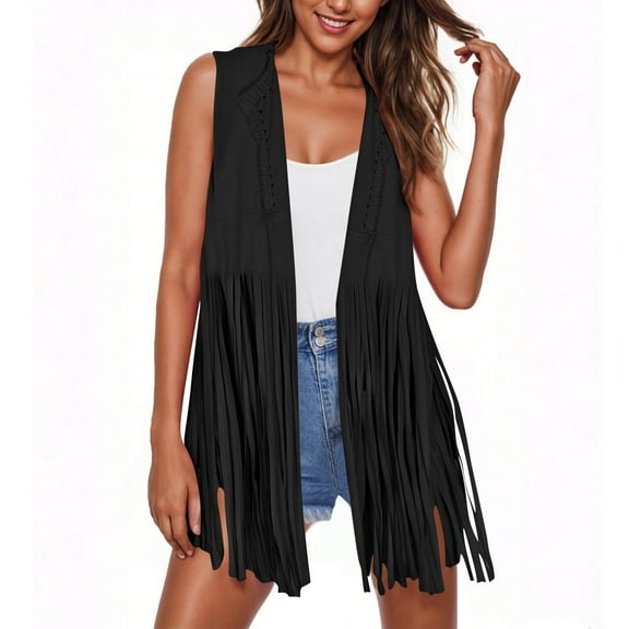 Akafmk Tassels Vests for Women,Sleeveless Faux Leather Jacket,Women Summer Suede Ethnic Sleeveless Tassels Fringed Cardigan Solid Long Length Tassel Leather Outerwear Loose Fitting Vests Tops