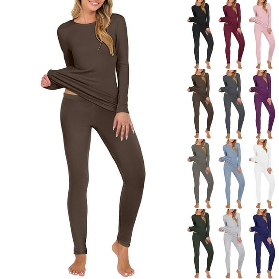 Akafmk Thermal Underwear Sets for Women 2 Piece Fleece Loungewear Set Winter Base Layer Long Johns Long Sleeve High Elasticity Crew Neck Warm Top and Bottom Sets M