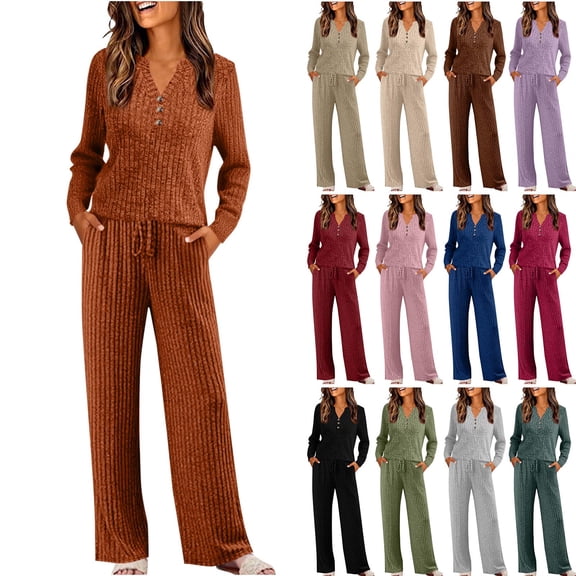 Akafmk Two Piece Sets for Women Pajama Set V-Neck Ribbed Knit Tops Wide Leg Pants with Pockets Matching Sets Loungewear Set Oufits M
