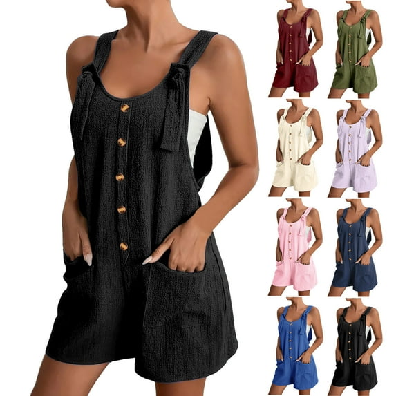 Akafmk Women Summer Jumpsuits Shorts Casual Button Overalls Adjustable Loose Rompers with Pockets Green M