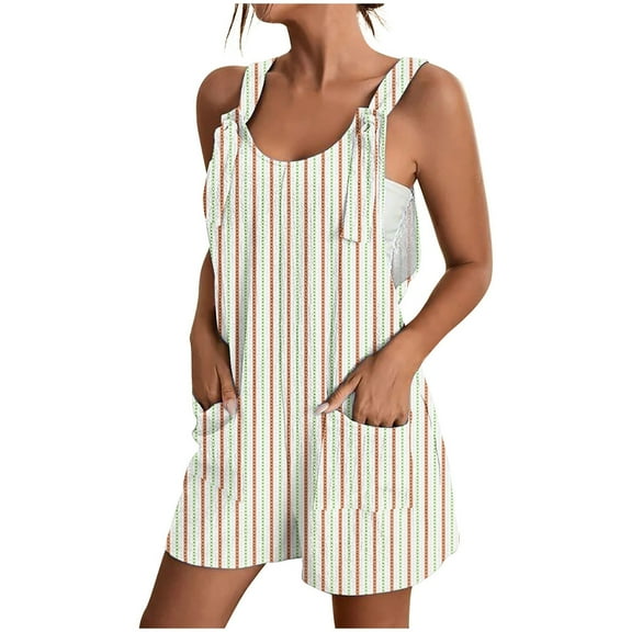 Akafmk Women Summer Jumpsuits Shorts Casual Stripe Print Overalls Adjustable Loose Rompers with Pockets Yellow S