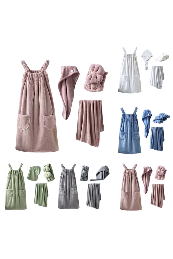 Women's Bathrobe Set Sleeveless Absorbent Robe with Pockets + Turban Towels, 4-Piece Spa Sleepwear