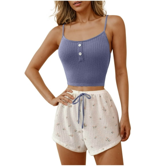 Akafmk Women's Cami Pajama Sets,Cotton Pajamas for Women Set,Sleeveless Cami Sleep Tops and Sleepwear Shorts 2 Piece Loungewear Set Soft Comfy Nightwear