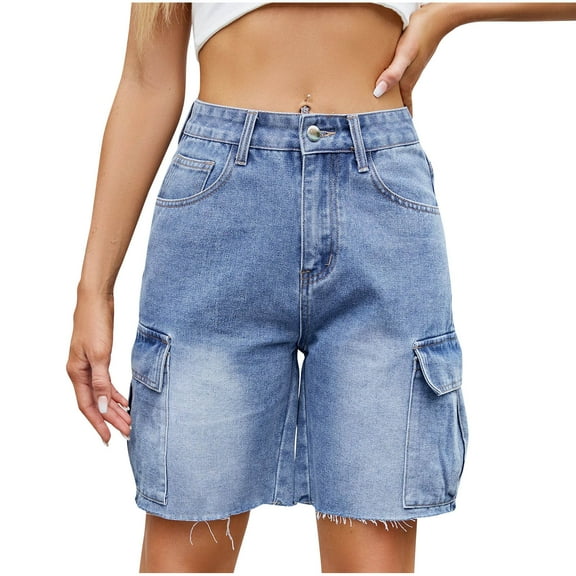 Akafmk Women's Cargo Denim Shorts,Womens Side Pocket Straight Leg Denim Cargo Casual 5" Shorts Pants L