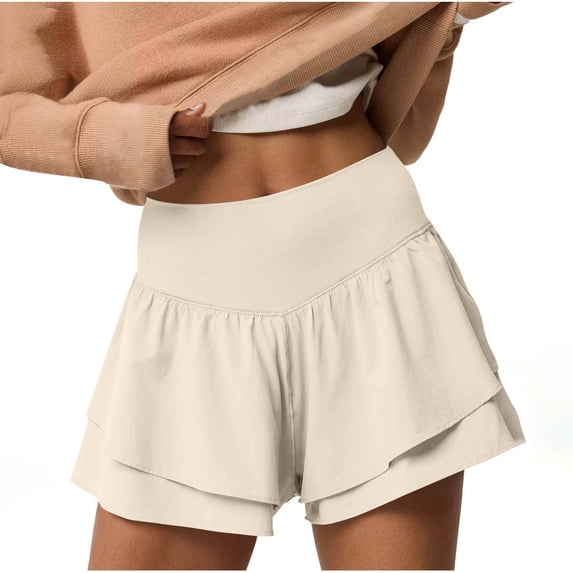 Akafmk Women's Double Layer Shorts,Women's Solid Color Ruffle Double Layer with Inner Shorts Elastic Waist Shorts Pants XXL