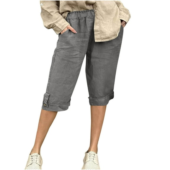 Akafmk Women's Linen Shorts,Womens Solid Color Stretch Waist Cotton Linen Casual Pocket Shorts Pants S